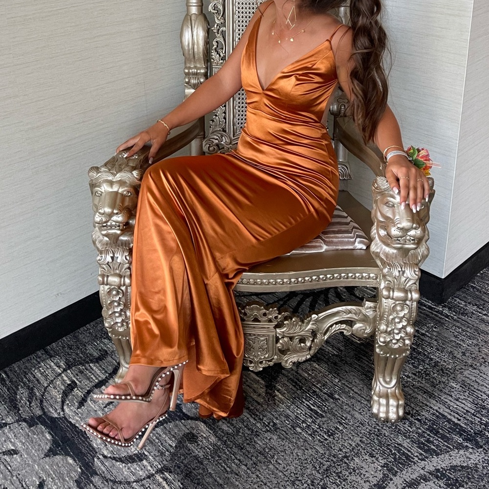 XS orange satin finish gown (shown wearing a M)